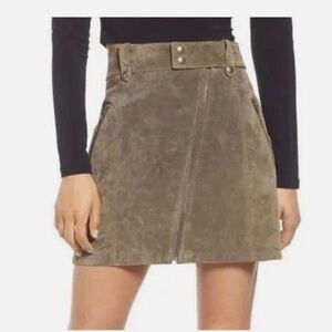 Blank NYC Olive Grey Leather Suede Asymmetrical Zipped Mini Skirt
